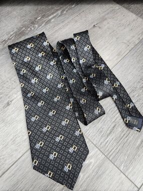 Nautica Black Silk Tie with Gold & Gray Geometric Accents